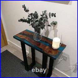 Blue Clear Epoxy Resin Console Table Top, Wooden Epoxy End Table Top Decor