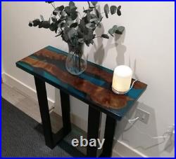 Blue Clear Epoxy Resin Console Table Top, Wooden Epoxy End Table Top Decor