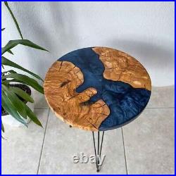 Blue Epoxy Coffee Round Table Top handmade Resin River Walnut Furniture For Gift