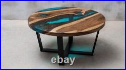 Blue Epoxy Coffee Round Table Top handmade Resin River Walnut Furniture For Gift