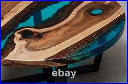Blue Epoxy Coffee Round Table Top handmade Resin River Walnut Furniture For Gift