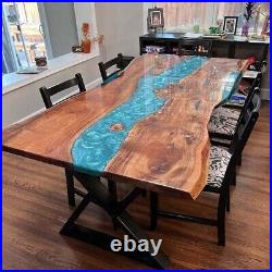 Blue Epoxy Resin Center Dining and Coffee Table Handmade Kitchen Slab Furniture