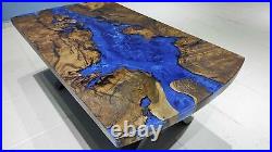 Blue Epoxy Resin River Dining Table Top, Wooden Epoxy Handmade Counter Top Decor
