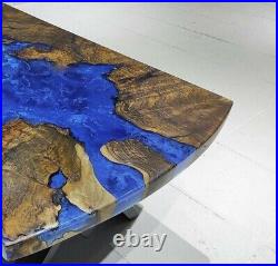 Blue Epoxy Resin River Dining Table Top, Wooden Epoxy Handmade Counter Top Decor