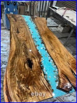 Blue Solid Epoxy Resin Center Sofa Dining Table Top Acacia Wooden Live Edge Top