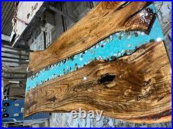 Blue Solid Epoxy Resin Center Sofa Dining Table Top Acacia Wooden Live Edge Top