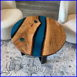 Clear Blue Epoxy Resin Console Table Top, Epoxy Wooden Coffee Table Top Decors