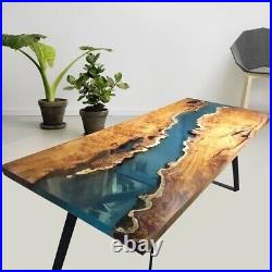 Clear Blue Epoxy Resin Dining Table, Wooden Live Edge Modern Living Furniture