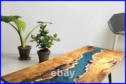 Clear Blue Epoxy Resin Dining Table, Wooden Live Edge Modern Living Furniture