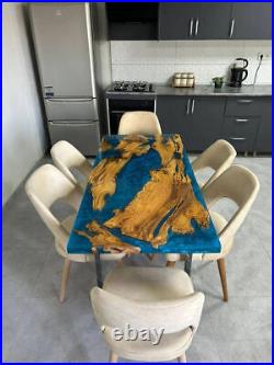 Custom Blue Epoxy Resin River Dining Table Top, Epoxy Wooden Table Furniture Art