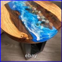 Custom Blue Epoxy Resin Table, Wooden River Style Coffee Side Table Top