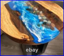 Custom Blue Epoxy Resin Table, Wooden River Style Coffee Side Table Top