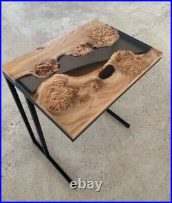 Custom Wood & Black Epoxy Resin End Table, Side Table, Coffee Table With Stand