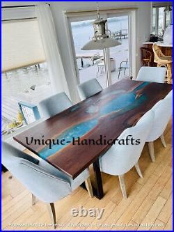Epoxy blue Resin River Table Solid Walnut Wood Dining Table Handmade Furniture