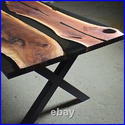 Epoxy resin walnut dining table with transparent black resin