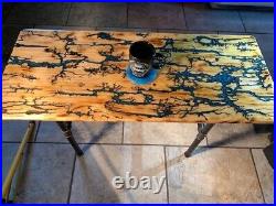 Lichtenberg fractal epoxy resin river table, 36x16 blue/green swirl metal base