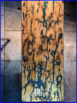 Lichtenberg fractal epoxy resin river table, 36x16 blue/green swirl metal base