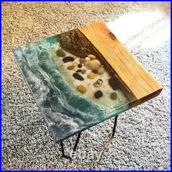 Ocean Epoxy Resin Coffee Table, Square Pebbles Epoxy Center Wooden Table Decor