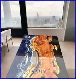 Ocean Wave Epoxy Resin Center Sofa Dining Table Top Natural Acacia Wooden Decor