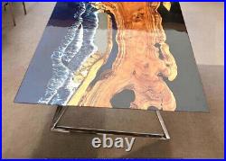 Ocean Wave Epoxy Resin Center Sofa Dining Table Top Natural Acacia Wooden Decor